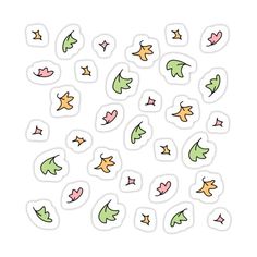 an assortment of leaves stickers on a white background, with different colors and shapes