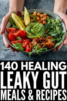 a person holding a plate full of salads and vegetables with the words 30 filling plant - based salad recipes