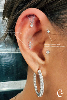 an ear with three different types of piercings on the top and bottom of it