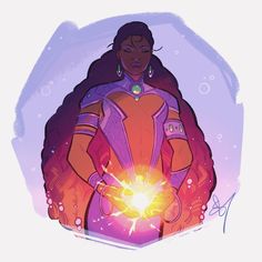 an illustration of a woman with her hands in her pockets, holding a glowing ball