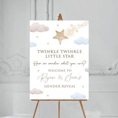 an easel with a sign on it that reads twinkle twinkle little star, welcome to roger and jane gender reveal