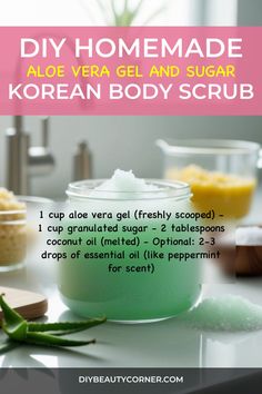 Exfoliate and soothe your skin with this DIY aloe vera gel and sugar Korean body scrub. Aloe vera calms and hydrates while sugar gently exfoliates, leaving your skin soft and smooth. #BodyScrub #KoreanBeauty Aloe Vera Body Scrub, Korean Body Scrub, Sugar Body Scrub Diy, Diy Aloe Vera Gel, Recipes For Glowing Skin, Body Scrub Recipes, Scrub Recipe Diy, Coconut Oil Body Scrub, Diy Sugar Scrub Recipe