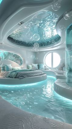 Room on water Water Bedroom Fantasy Art, Frutiger Aero House, Frutiger Aero Bedroom, Water Bedroom, Decoration Room Ideas, Underwater Bedroom, Underwater Room, Futuristic Bedroom, Ocean Bedroom