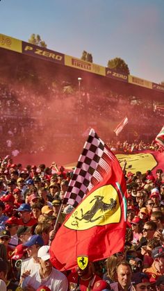 a crowd of people at a sporting event with flags and banners in front of them