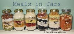 five jars with different types of food in them and the words meals in jars written on them