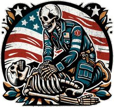 a skeleton riding on the back of a motorcycle with an american flag in the background