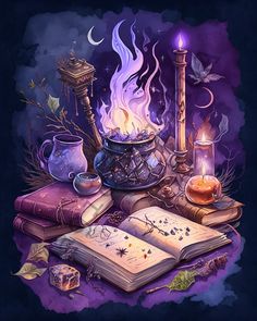 a painting of books, candles and other items on a table with purple watercolors