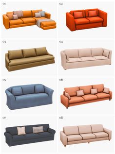 the different types of couches are shown in multiple colors and sizes, including blue, orange