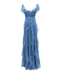 EDITION BY GEMY MAALOUF EDFW23 1778LD – FOSTANI Ruffle Evening Gown, Flowy Blue Dress, Chifon Dress, Blue Flowy Dress, Blue Ruffle Dress, Prom Dress Inspo, Chiffon Ruffle Dress, Unique Prom Dresses, Prom Dress Inspiration