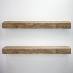 two wooden shelves on the wall with white background