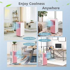 four different types of air purificates in various rooms