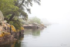 a body of water surrounded by rocks and trees in the foggy day with no one on it