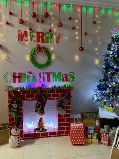 a decorated christmas tree in front of a brick fireplace with presents under the mantel