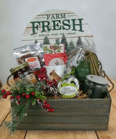 a wooden crate filled with food and condiments on top of a wood table