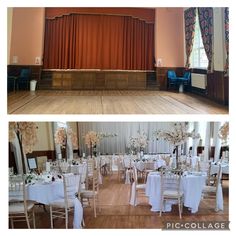 two pictures of tables and chairs in a large room with red drapes on the windows