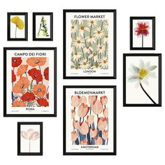 four framed art pieces with flowers on them