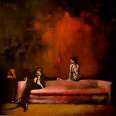 a painting of two people sitting on a pink couch in front of a red wall