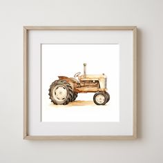 a watercolor painting of a tractor on a white wall with a wooden framed frame