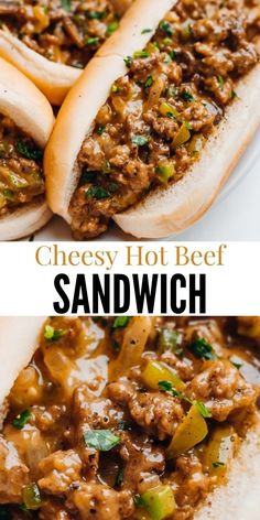 two hot dogs on buns covered in meat and vegetables, with text overlay that reads cheesy hot dog sandwich