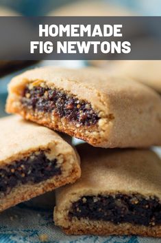 homemade fig newtons stacked on top of each other with text overlay that reads, homemade fig newtons