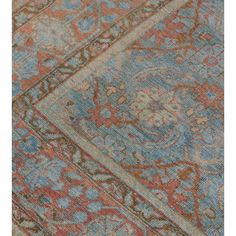 This antique, circa 1920, Mahal rug has a light blue field with an overall brick-red and buff-brown herati-pattern, in a brick-red border of light blue angular meandering palmette and leafy vine between shaded brown floral vine and light blue minor stripes. Red Border, Floral Vine, Brick Red, Brown Floral, Early 20th Century, 20th Century, Wool Rug, Light Blue, Stripes