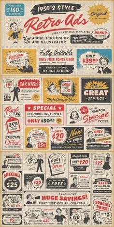 a poster with different types of advertisements on the front and back of it, as well as