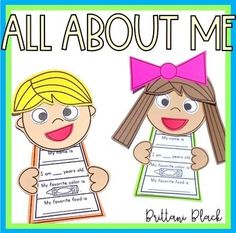 an all about me poster with two children holding paper and pointing at the same person