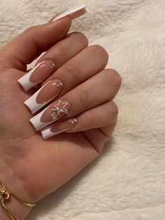 Cute Pink Nail Ideas For Acrylics, Square French Tip Acrylic Nails With Jewels, White Nails With Cross Rhinestones, Yk2 Nails Medium, Prom Nails Acrylic Bling, Extra Square Acrylic Nails, New Year Nail Inspiration, French Tip Nails With Saturn Charm, Y2k New Years Nails