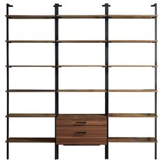 the shelving unit is made out of wood and metal