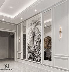 an elegant room with mirrored doors and paintings on the wall, along with marble flooring