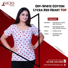 Get the trending & appealing off white cotton lycra red heart top from Nick's Design. This top have good quality which is easy to wear & make your look simple and stylish. Call us for price limited stock only. To buy, click on this link below: https://bit.ly/37nvKIE ☎️ Call: 062831 27206 🌐 Visit: https:www.thenicksdesign.com 📧 Email: info@thenicksdesign.com #girlswear #fashion #onlineshopping #girlsfashion #fashionstyle #shopping #womenswear #ladieswear #trendingtops #dresses #girlshopping Heart Top, Vest Top, Limited Stock