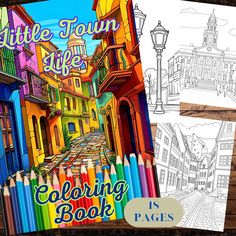 the coloring book is open and has colored pencils in front of it, along with an image of a street