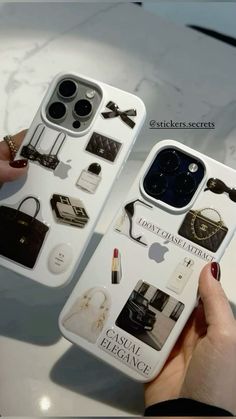 two iphone cases with various items on them, one is white and the other is black