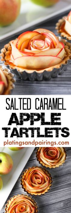 salted caramel apple tartles on a table with apples in the background