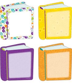 four colorful notebooks with blank paper on them, each containing an image of a flowered book