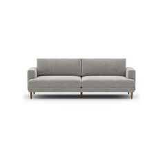 a gray couch with wooden legs on a white background