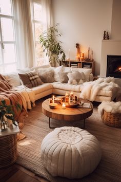 a living room filled with lots of furniture next to a fire place in a fireplace