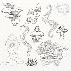 an ink drawing of mushrooms and plants