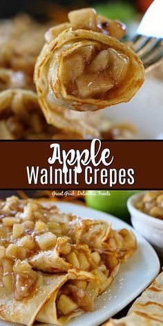 apple walnut crepes on a plate with a fork