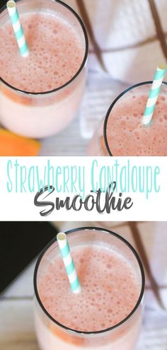 strawberry cantaloupe smoothie with two straws in it