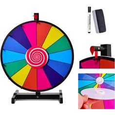 a spinning wheel with different colors and tools