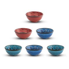 six bowls with designs on them are shown in different colors and sizes, including blue