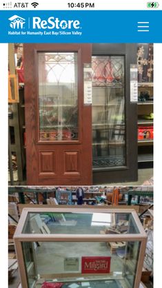 the front and back doors of a store with glass cases on display for sale in stores