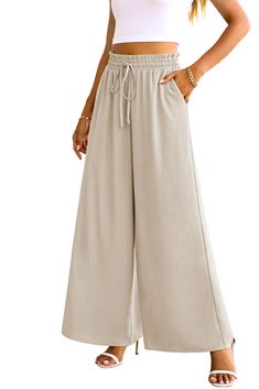 PRICES MAY VARY. Material: Made from super soft,comfy,lightweight,and breathable fabric that's gentle on your skin. Not stretch, not see-through and won't wrinkle easily or shrink after washing. Enjoy all-day comfort in these loose, flowy wide leg trousers. Chic Design: Wide leg palazzo pants are effortlessly stylish, with flexible elastic high waistband and drawstring for maximum adjustability and comfort. Flattering and flowy, casual linen lounge pants are perfect for any occasion. Style: Pape Comfortable Non-stretch Solid Wide Leg Pants, Beige Wide Leg Sweatpants With Drawstring, Full Length Pants With Drawstring, Beige Full Length Sweatpants With Elastic Waistband, Non-stretch Wide Leg Sweatpants With Elastic Waistband, Versatile Sweatpants For Summer, Wide Leg Sweatpants With Elastic Waistband, Comfortable Beige Wide Leg Pants With Elastic Waistband, Loungewear Bottoms In Solid Beige Color