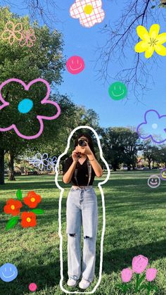 a woman standing in the grass taking a photo with her cell phone, surrounded by flowers and bubbles