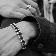 The Stainless Steel And Black Bike Chain Bracelet from our Biker Collection is made of premium stainless steel that offers enhanced durability, even after exhaustive every day wear on the road. The unique motorcycle bike chain bracelet design combined with a polished silver and black finish makes the silver and black bike chain bracelet the perfect accent for every day outfits and more. This Silver and Black Bike Chain Bracelet features a slim chain width that looks great on both Men and Women. Every Day Outfits, Motorcycle Chain Bracelet, Bike Chain Bracelet, Biker Bracelet, Motorcycle Chain, Tattoo Bracelet, Biker Jewelry, Black Bike, Day Outfits