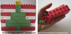 a hand holding a lego christmas tree and another photo of a red brick calendar with numbers on it