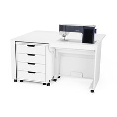 a white desk with two drawers and a sewing machine on the top one drawer is open