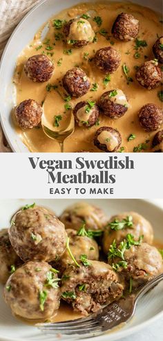 swedish meatballs with gravy are served in a white bowl and on a plate