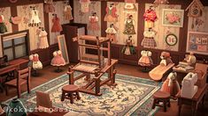 a room filled with lots of wooden furniture and doll dresses hanging on the wall above it